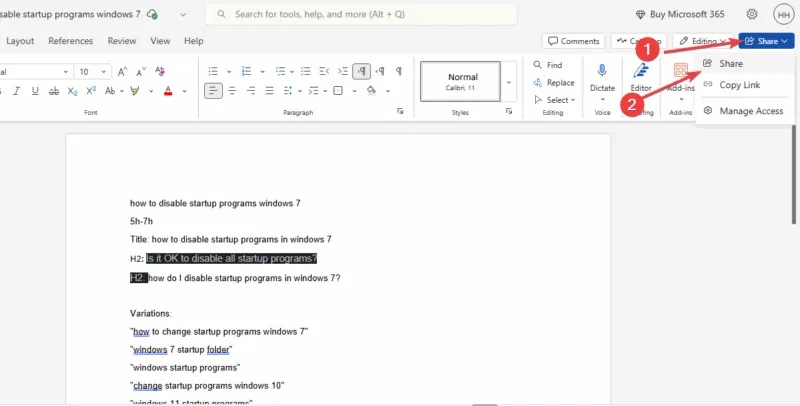Nhấp vào nút chia sẻ tài liệu Microsoft Word