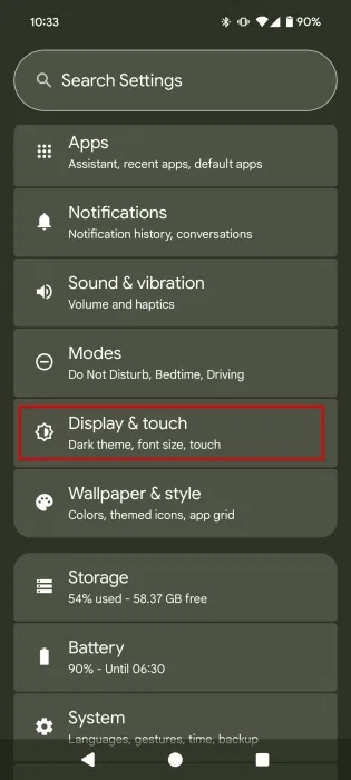 Điều hướng đến Display & touch trong cài đặt Android.