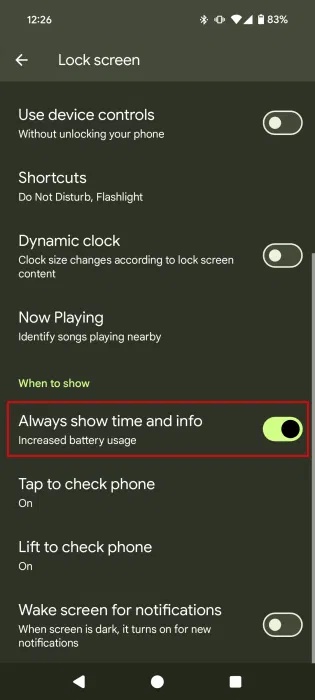 Nhấn vào Always show time and info trong cài đặt Android.
