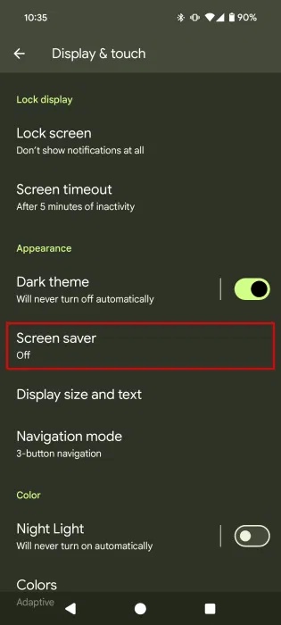 Truy cập Screen saver trong cài đặt Android.