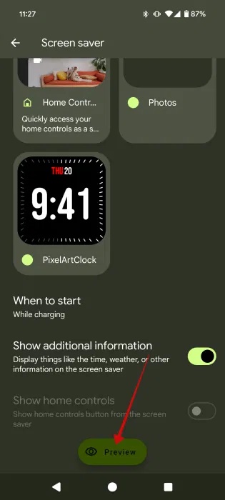 Nhấn vào nút Preview để xem bản xem trước screen saver trên Android.