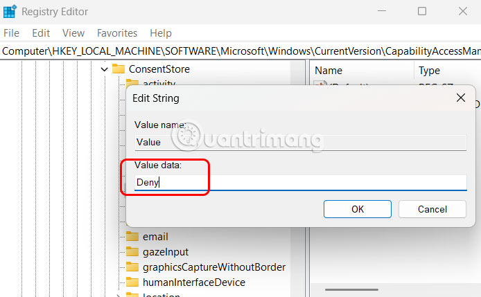 Chặn truy cập tin nhắn Windows 11 qua Registry Editor
