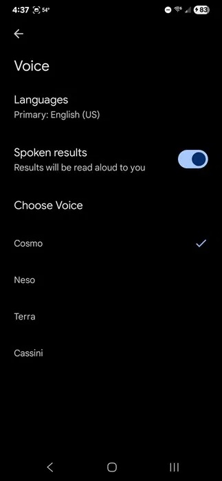 Danh sách giọng nói của Google trong ứng dụng Google.