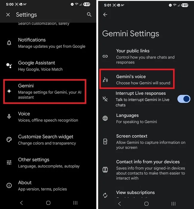 Thay đổi giọng nói của Gemini từ ứng dụng Google.