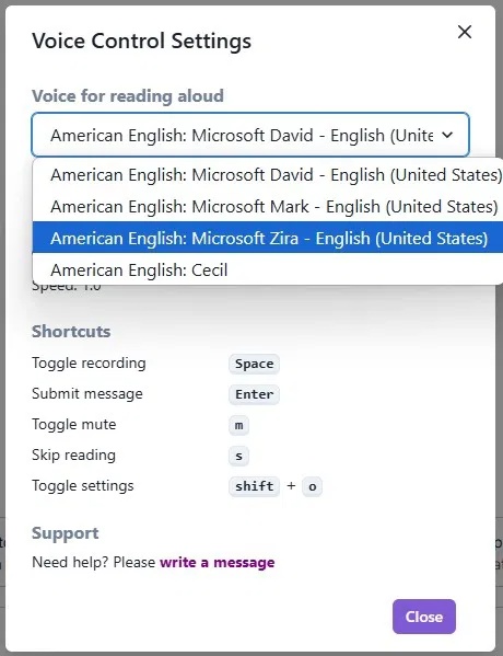 Các giọng nói khả dụng trong tiện ích mở rộng Voice Control for Gemini.