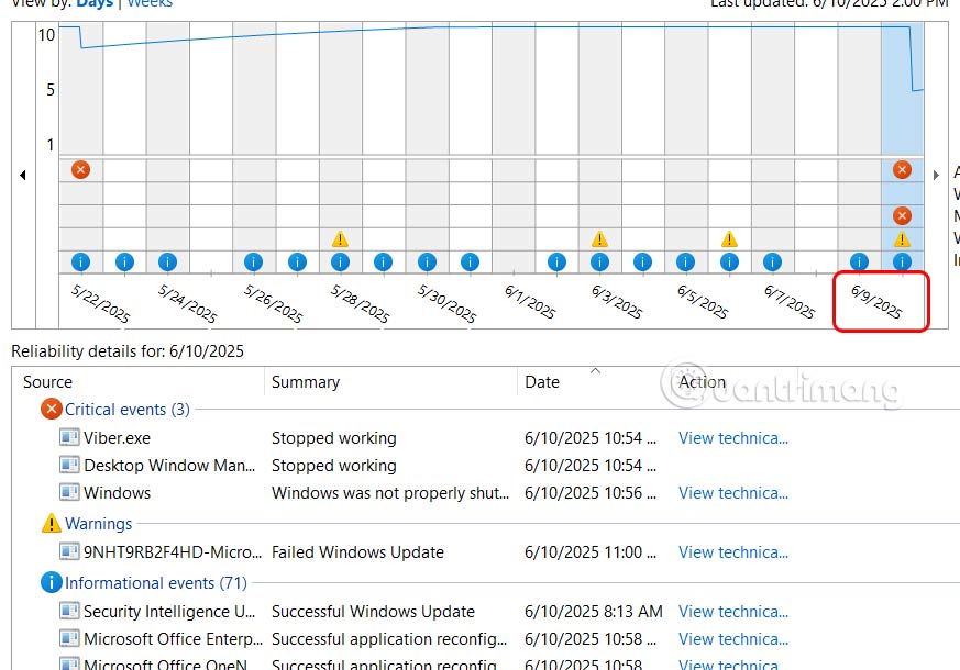 Xem thông báo về sự kiện bằng Windows Reliability Monitor