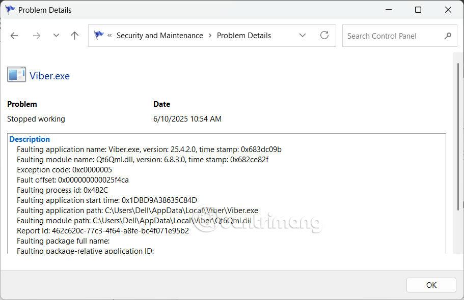 Chi tiết về lỗi trong Windows Reliability Monitor
