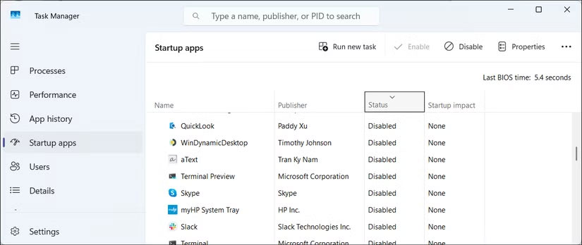 Danh sách ứng dụng khởi động của Task Manager Windows 11