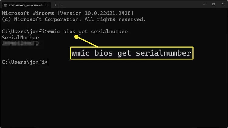 Lệnh wmic bios get serialnumber trong Windows Terminal.