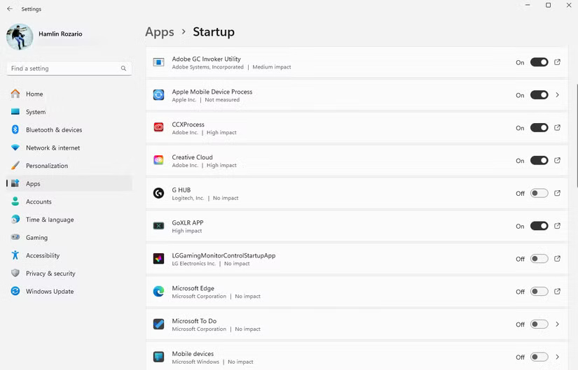 Menu Startup Apps trong Windows 11