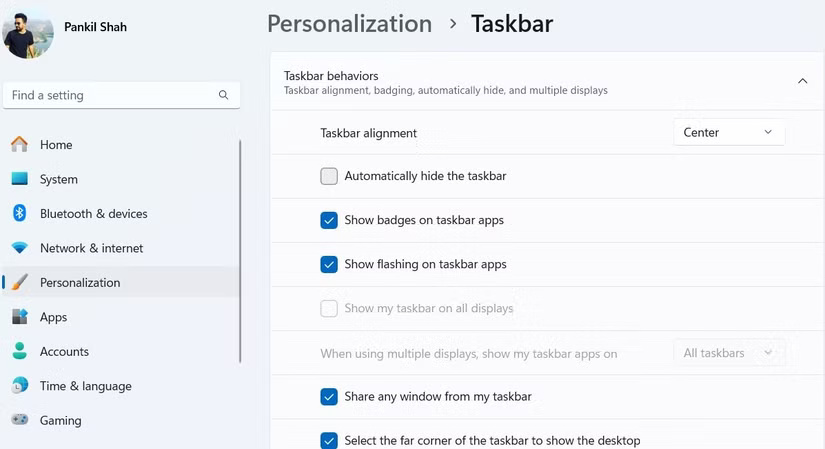 Hiển thị ứng dụng Settings Windows 11 trên Taskbar