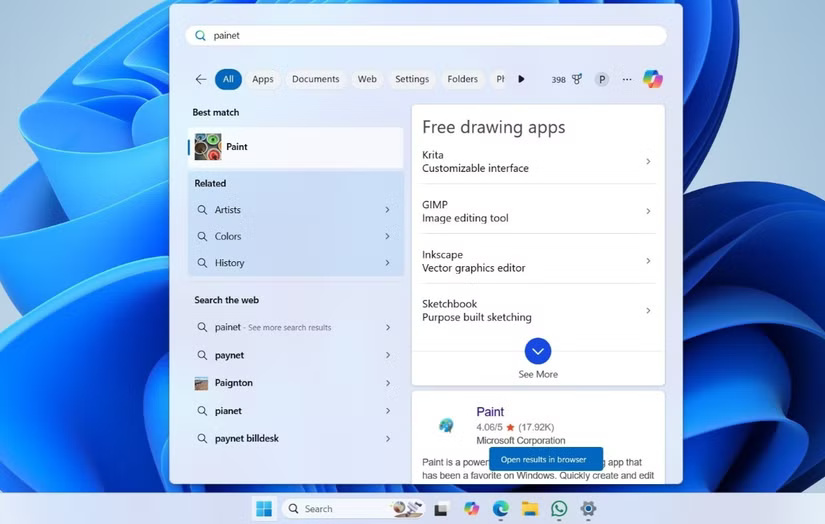 Menu Start của Windows 11 hiển thị kết quả tìm kiếm