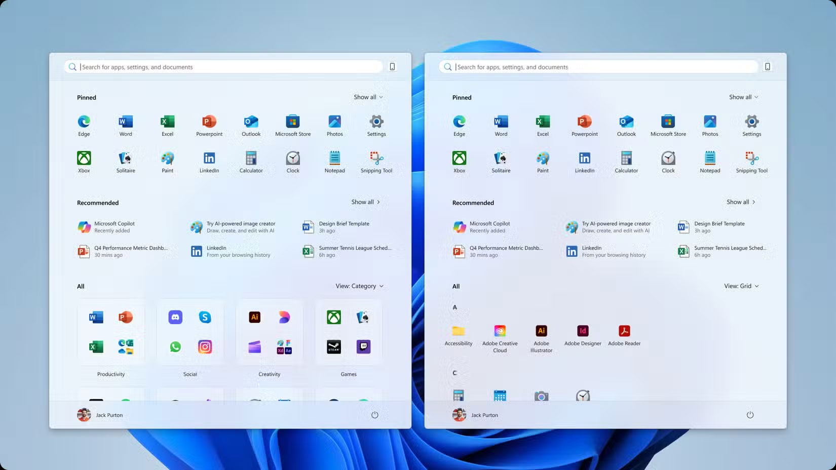 Menu Start mới trong Windows với bố cục Category và Grid