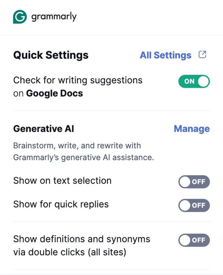 Grammarly cho phép bạn quản lý cài đặt Generative AI của công cụ.