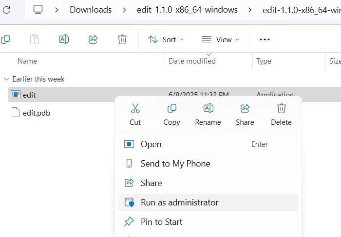 Chạy ứng dụng Edit trong thư mục đã giải nén ở chế độ admin