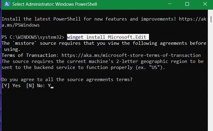 Lệnh cài đặt Winget cho phần mềm Microsoft Edit.