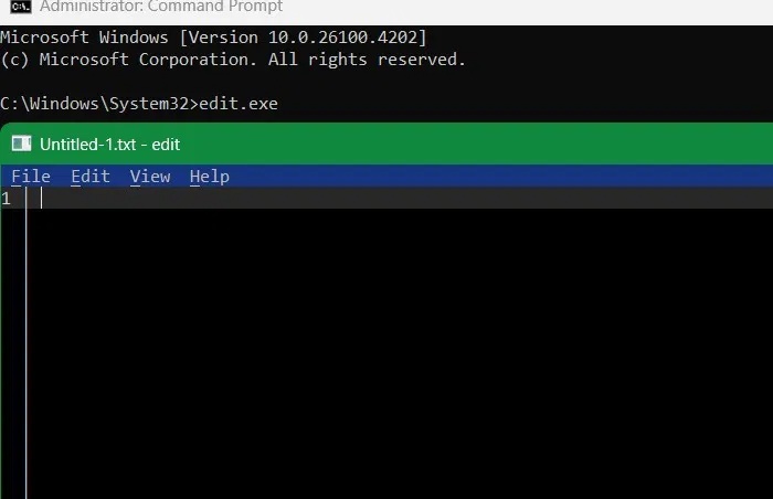 Microsoft Edit được khởi chạy từ Command Prompt thông qua lệnh "edit.exe".