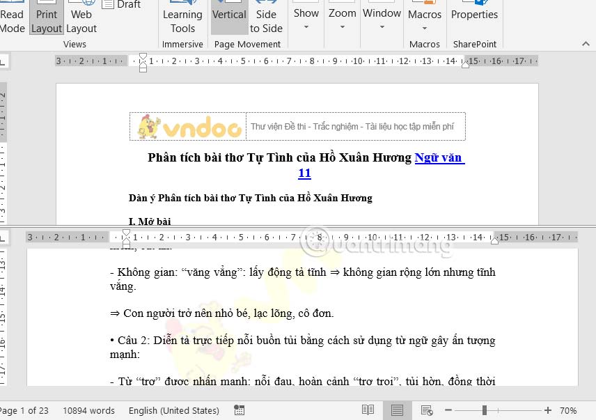 Chia cửa sổ để xem nhiều trang Word