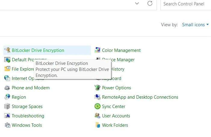 Nhấp vào BitLocker Drive Encryption trong Control Panel bên dưới Small icons