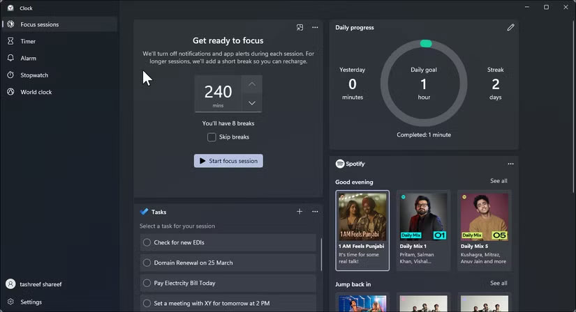 Màn hình chính của Focus Sessions Windows 11