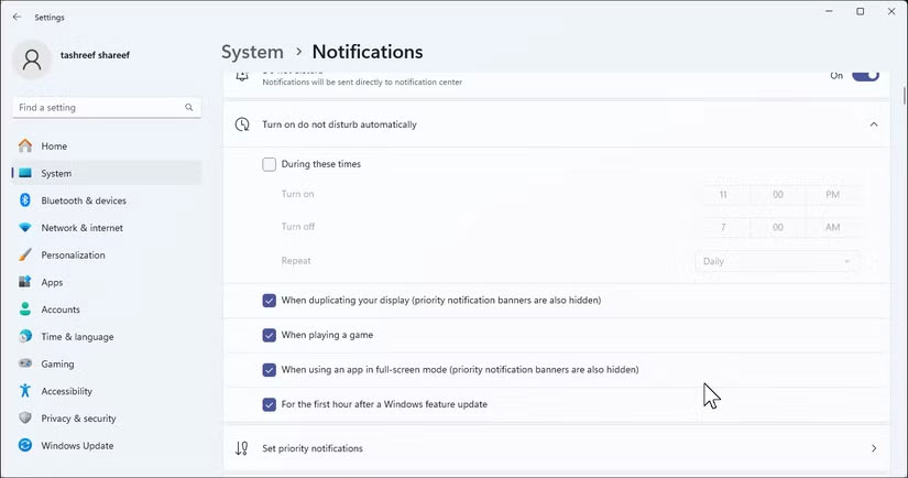 Cài đặt thông báo của Windows 11