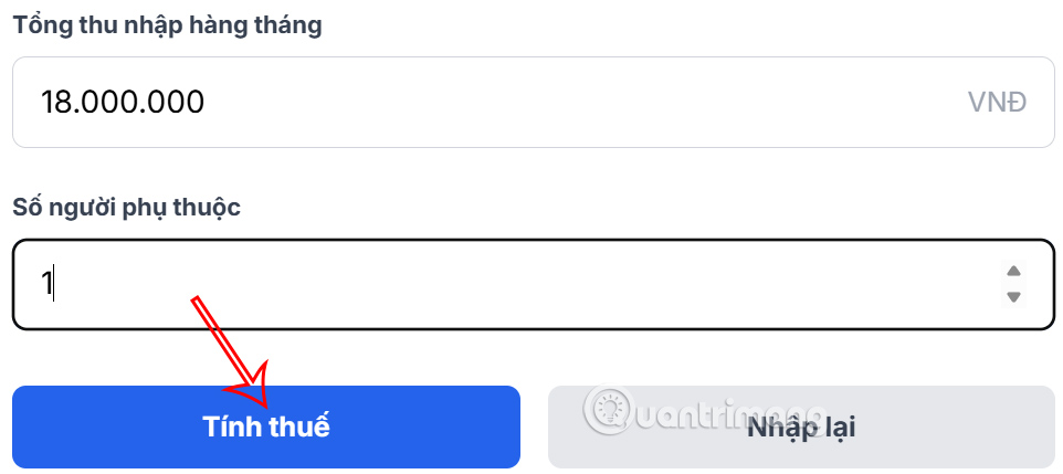 Giao diện công cụ tính thuế TNCN