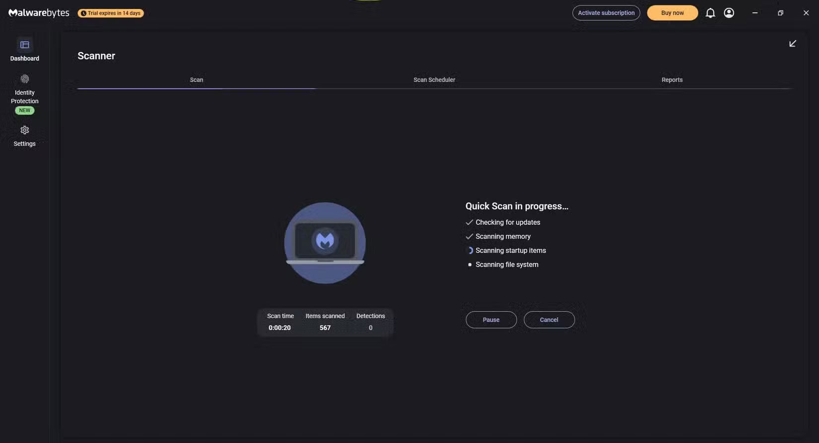 Chạy Quick Scan bằng trình quét virus MalwareBytes
