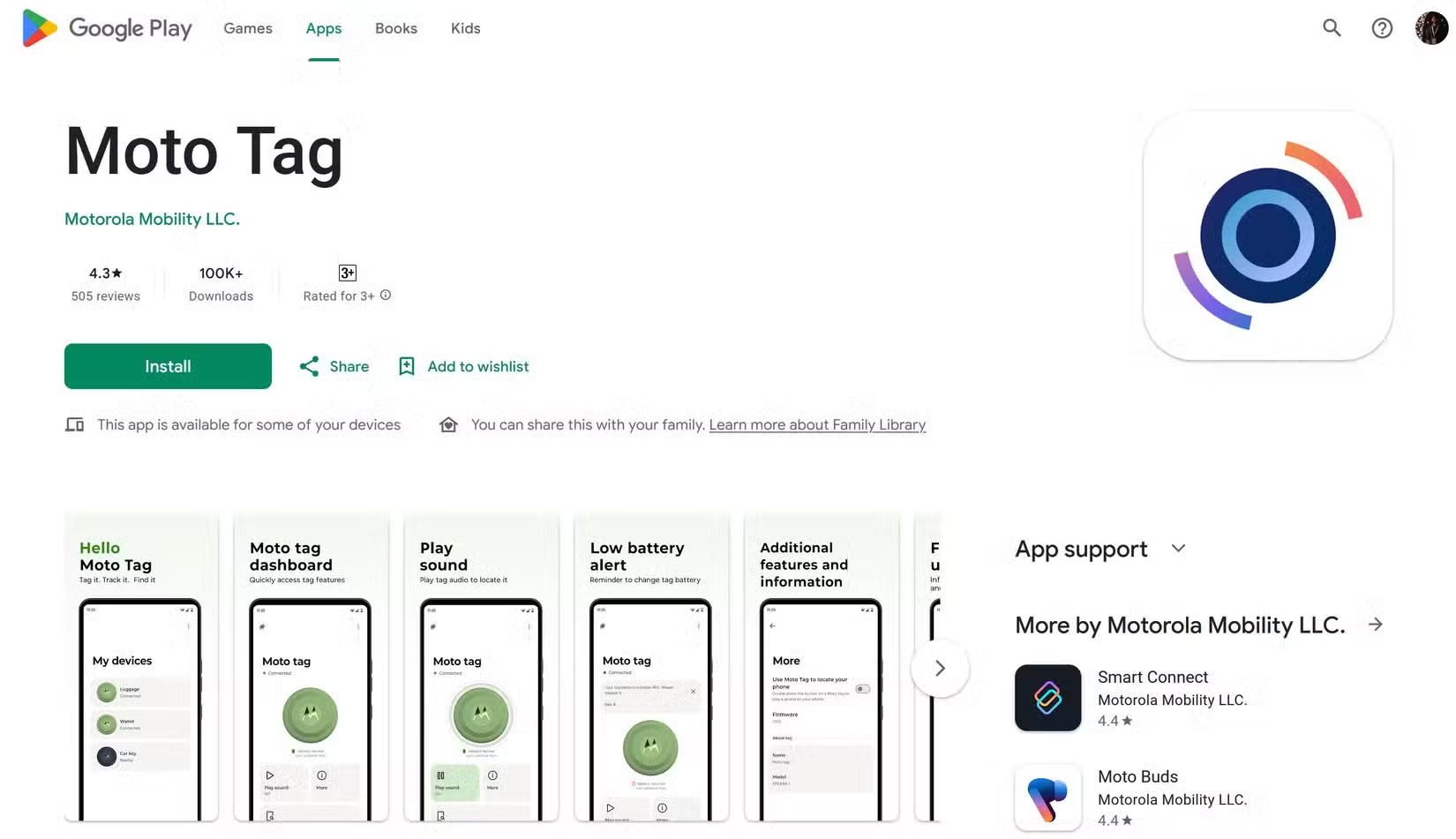 Trang ứng dụng Moto Tag trên Play Store