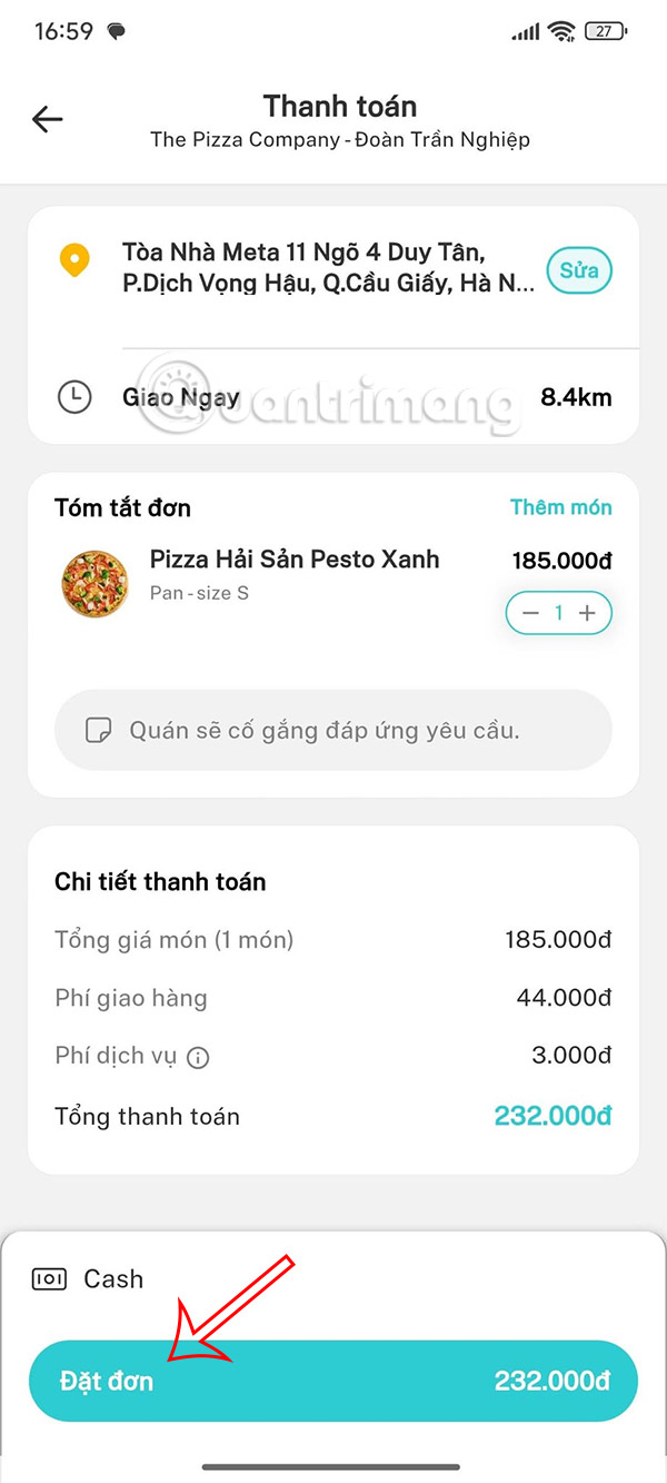 Thanh toán hóa đơn trên Xanh SM Ngon