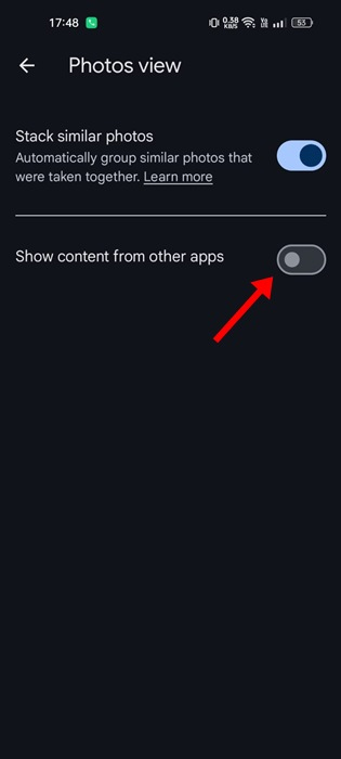 Tắt Show content from other apps