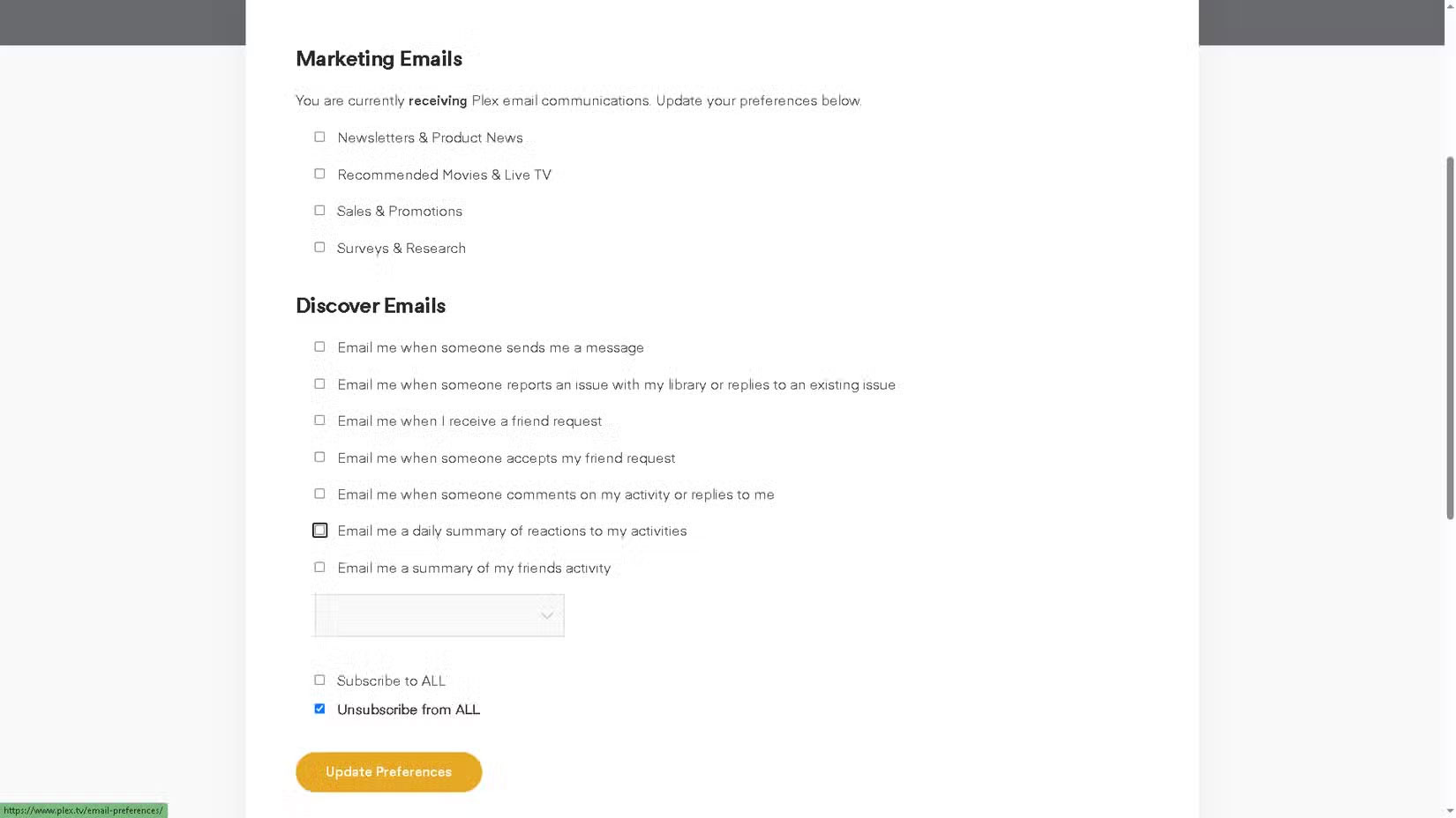 Thay đổi các tùy chọn email tiếp thị của Plex trong menu Email Preferences
