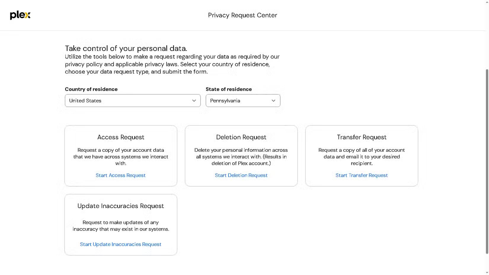 Gửi yêu cầu xóa tại trang web Privacy Request Center của Plex