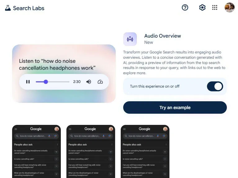 Bật Audio Overviews trong Google Search Labs.