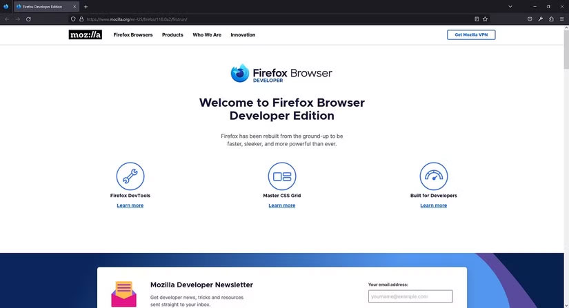 Trang ra mắt Firefox Developer Edition