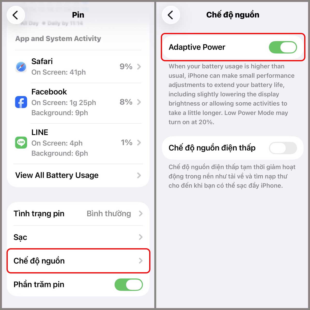 Bật Adaptive Power iOS 26