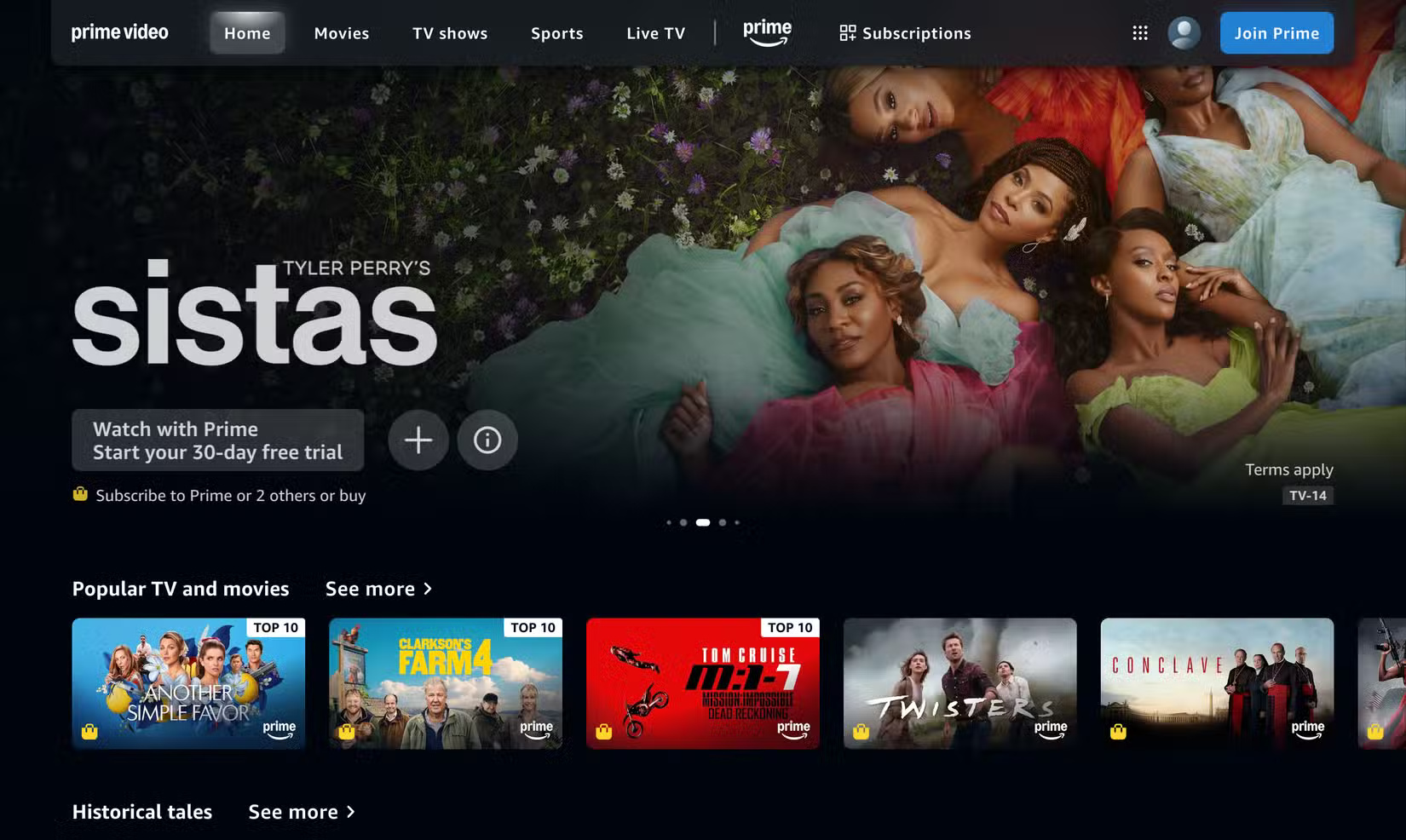 Màn hình trang chủ dịch vụ stream Prime Video