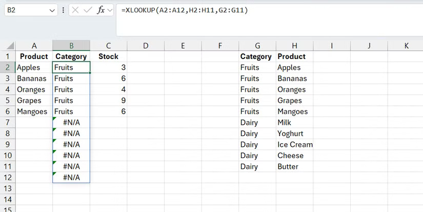 Hàm XLOOKUP có lỗi.