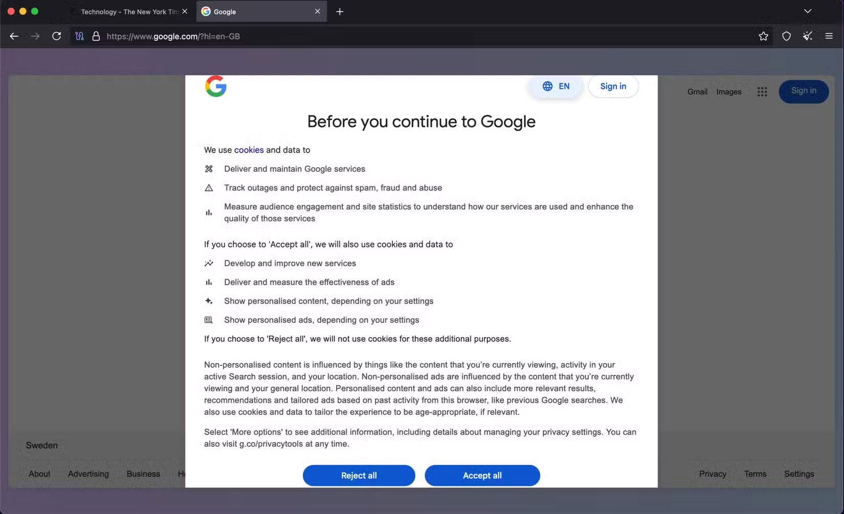 Biểu ngữ chấp nhận cookie của Google trong Tor