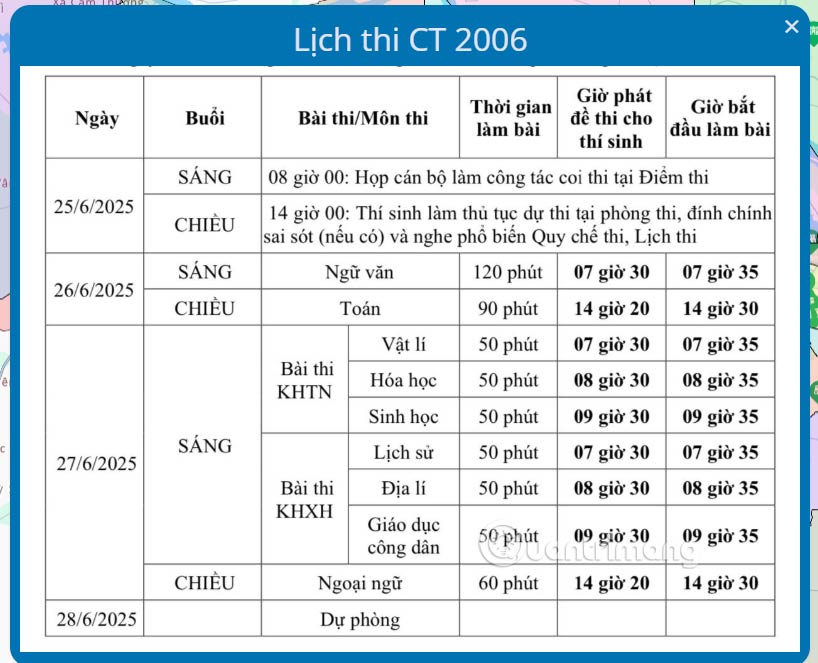 Lịch thi tốt nghiệp THPT chương trình 2006