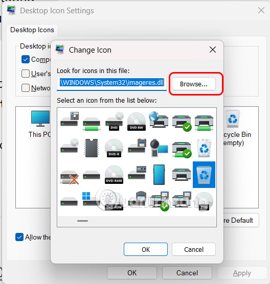 Chọn icon Recycle Bin Windows 11