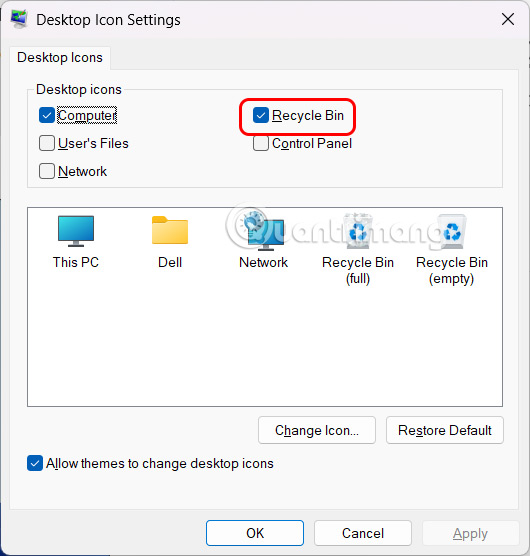Hiện icon Recycle Bin Windows 11