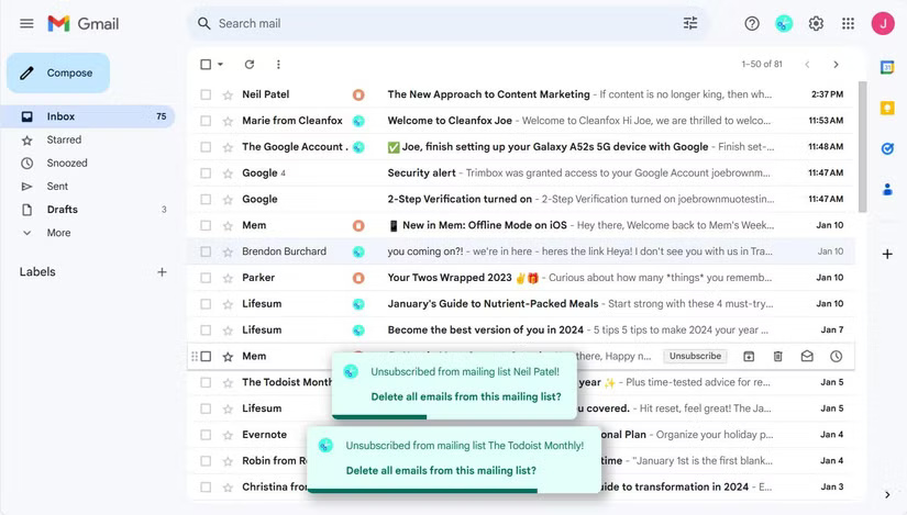 Tùy chọn hủy đăng ký và xóa Trimbox trong hộp thư đến Gmail