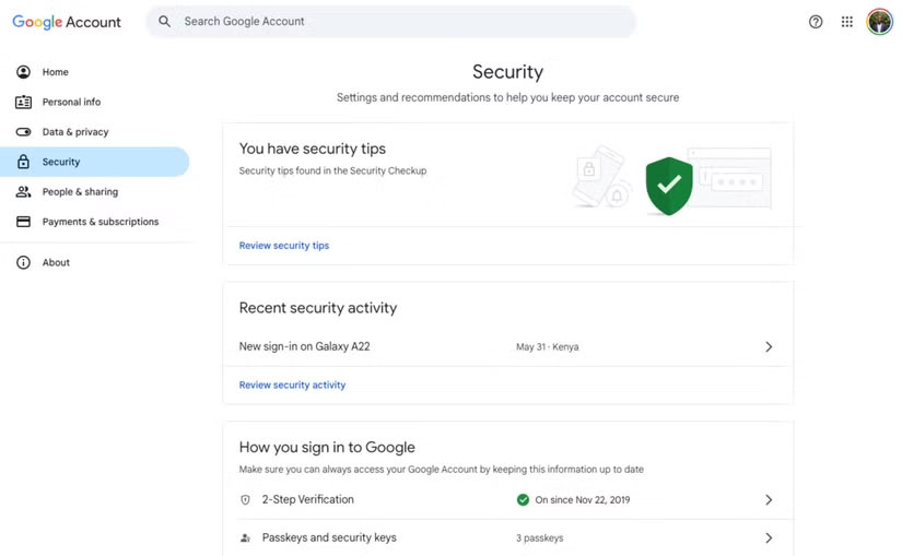 Trang bảo mật tài khoản Google