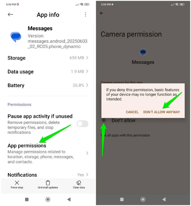 Tắt quyền camera cho Google Messages