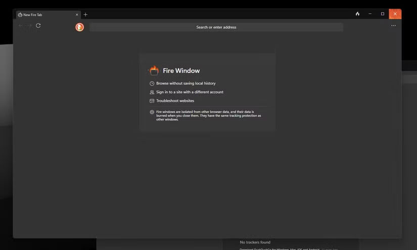 Cửa sổ Fire trong trình duyệt DuckDuckGo