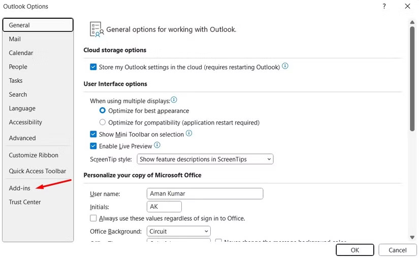 Quản lý add-ins trên Outlook