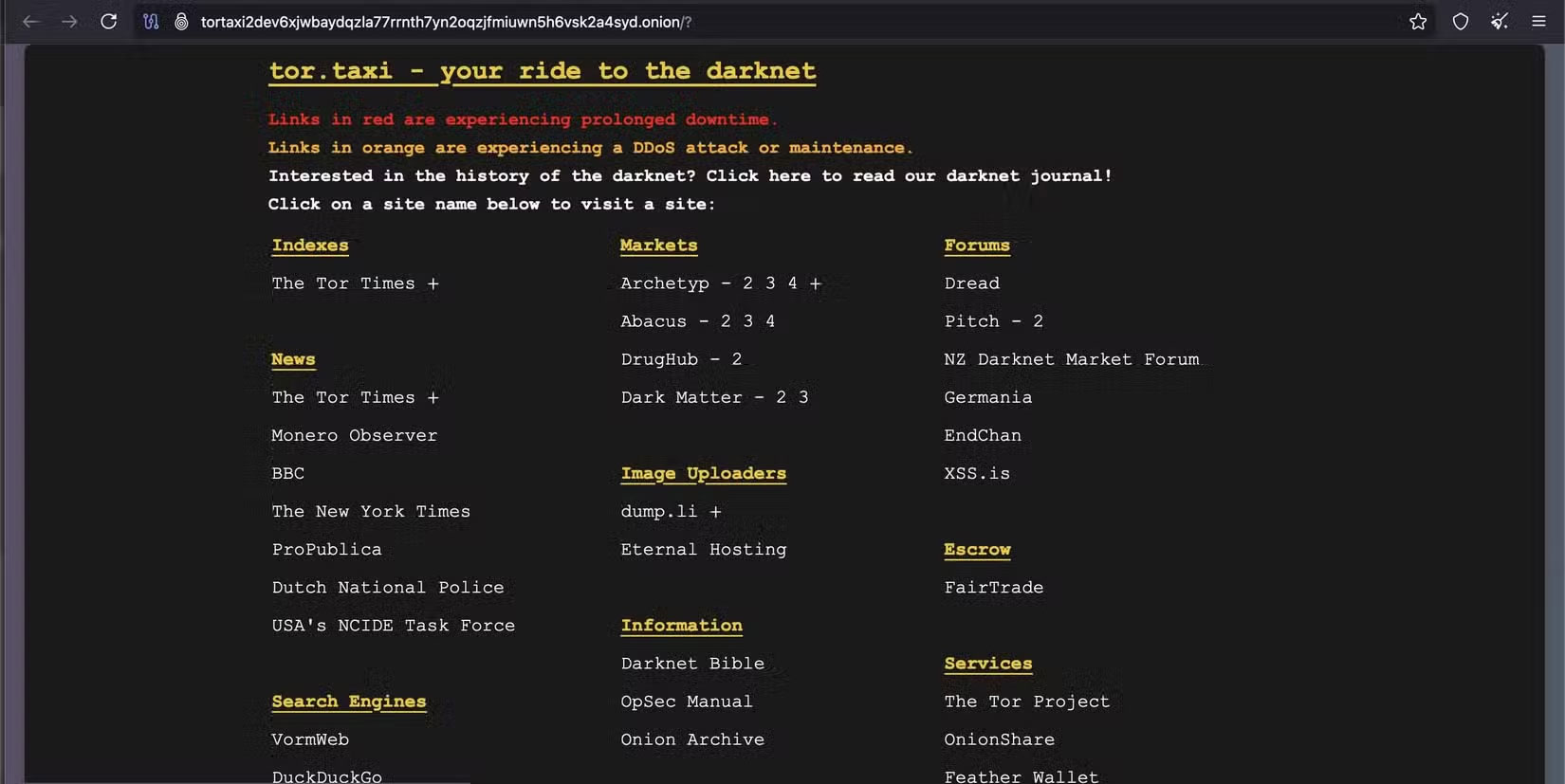 Trang web onion tor.taxi trên dark web