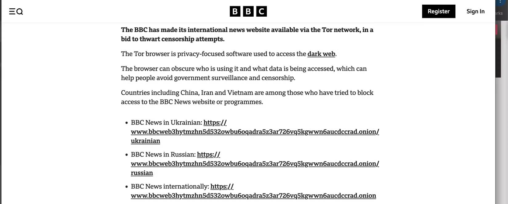 Bài viết của BBC cho biết địa chỉ onion của trang web
