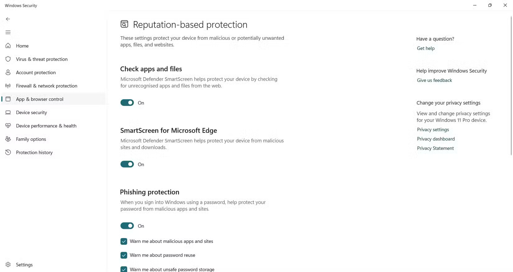 Điều chỉnh cài đặt Reputation-based protection trong Windows Security