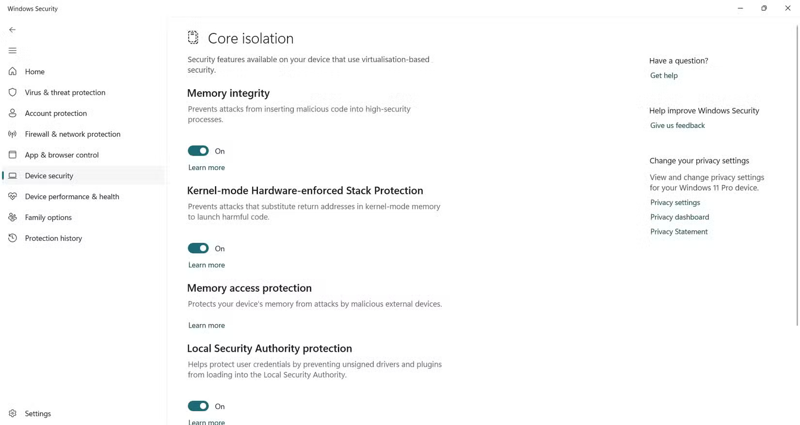 Bật Memory Integrity trong Windows Security